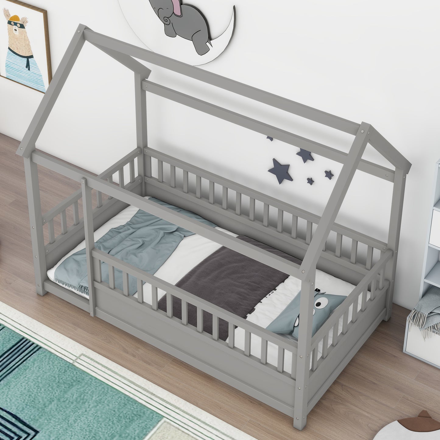 Twin Size Wooden Floor Bed - Grey with House Roof Frame