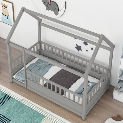 Twin Size Wooden Floor Bed - Grey with House Roof Frame