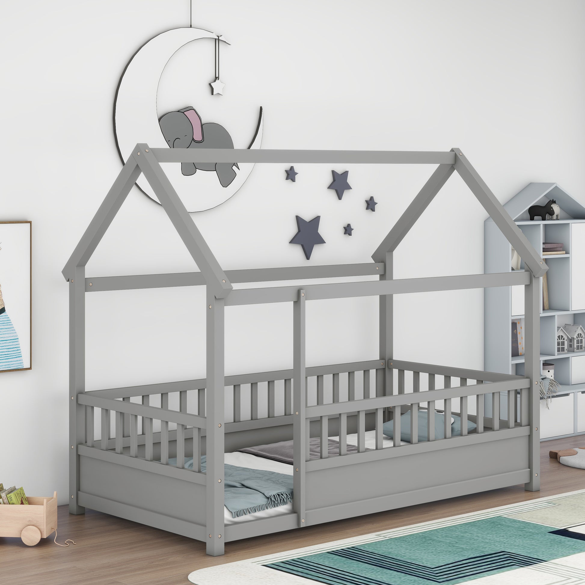 Twin Size Wooden Floor Bed - Grey with House Roof Frame