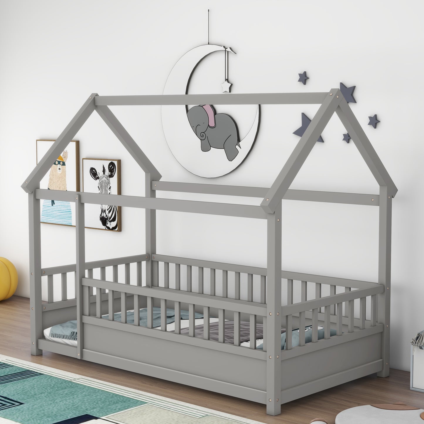 Twin Size Wooden Floor Bed - Grey with House Roof Frame