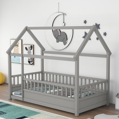 Twin Size Wooden Floor Bed - Grey with House Roof Frame