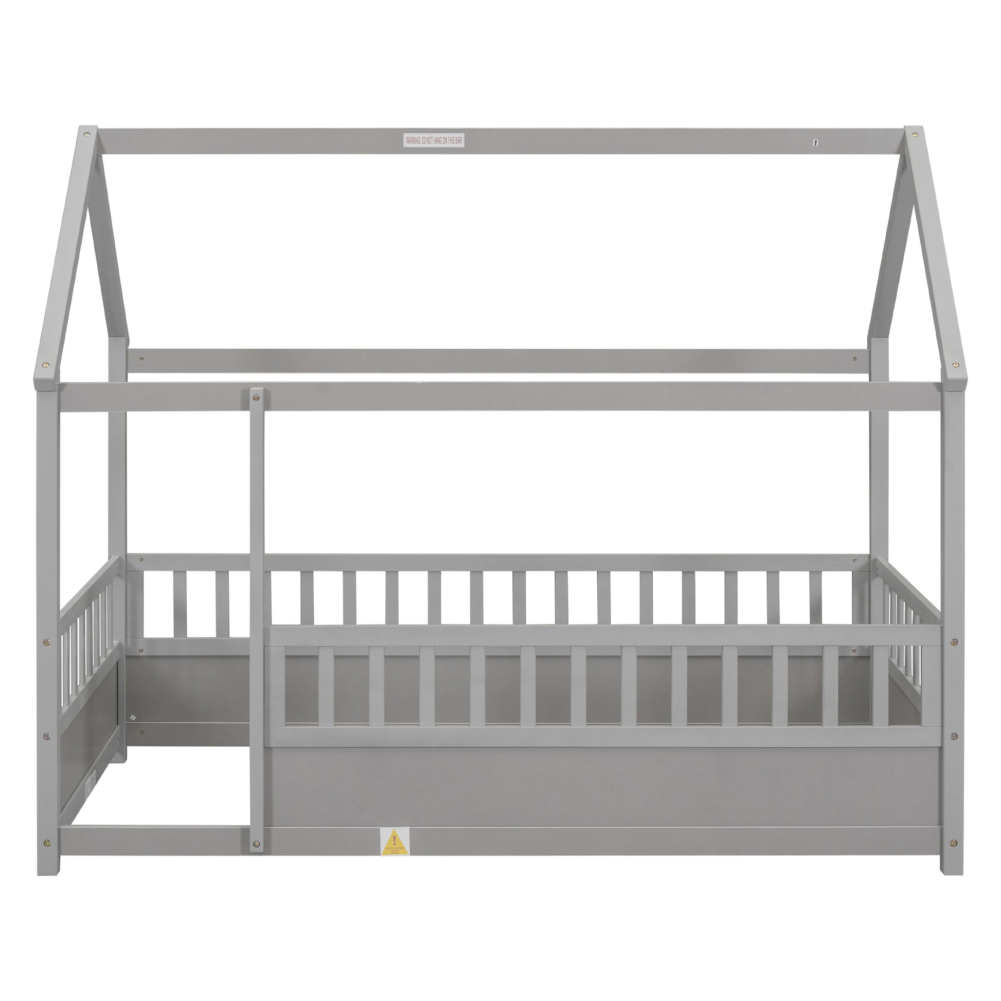 Twin Size Wooden Floor Bed - Grey with House Roof Frame