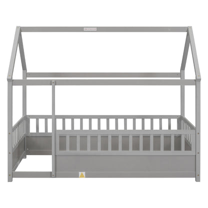 Twin Size Wooden Floor Bed - Grey with House Roof Frame