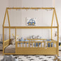 Full Size Floor Wooden Bed with House Roof Frame, Fence Guardrails(Full,Natural)