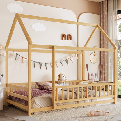 Twin Size Wooden Floor Bed with House Roof Frame - Natural