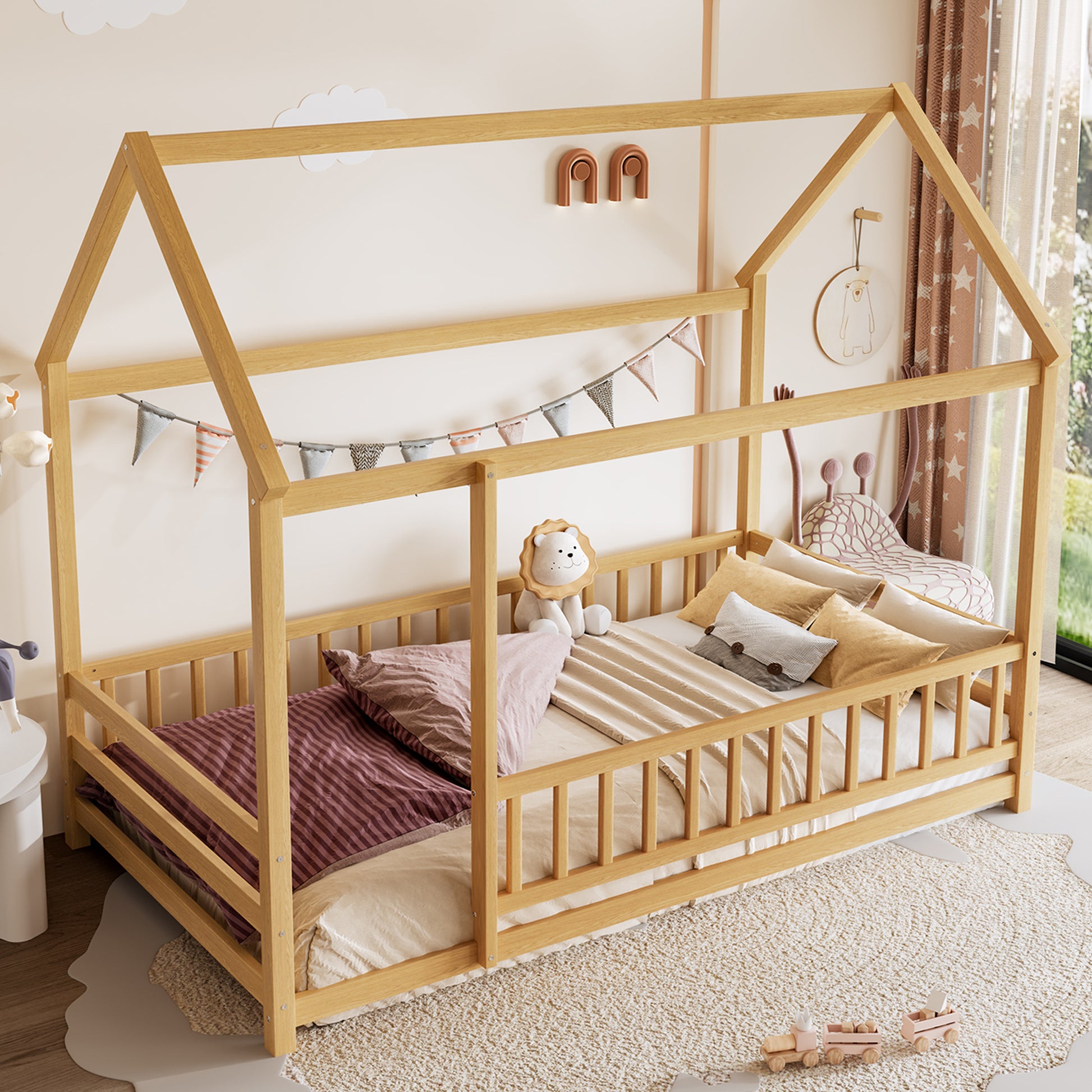 Twin Size Wooden Floor Bed with House Roof Frame - Natural