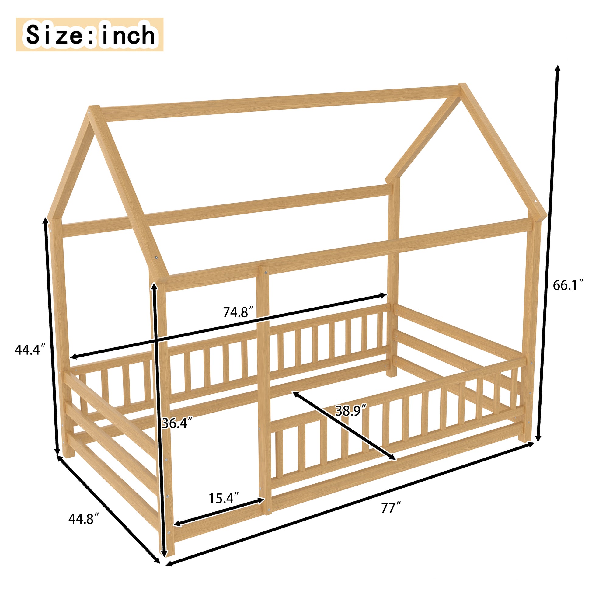 Twin Size Wooden Floor Bed with House Roof Frame - Natural
