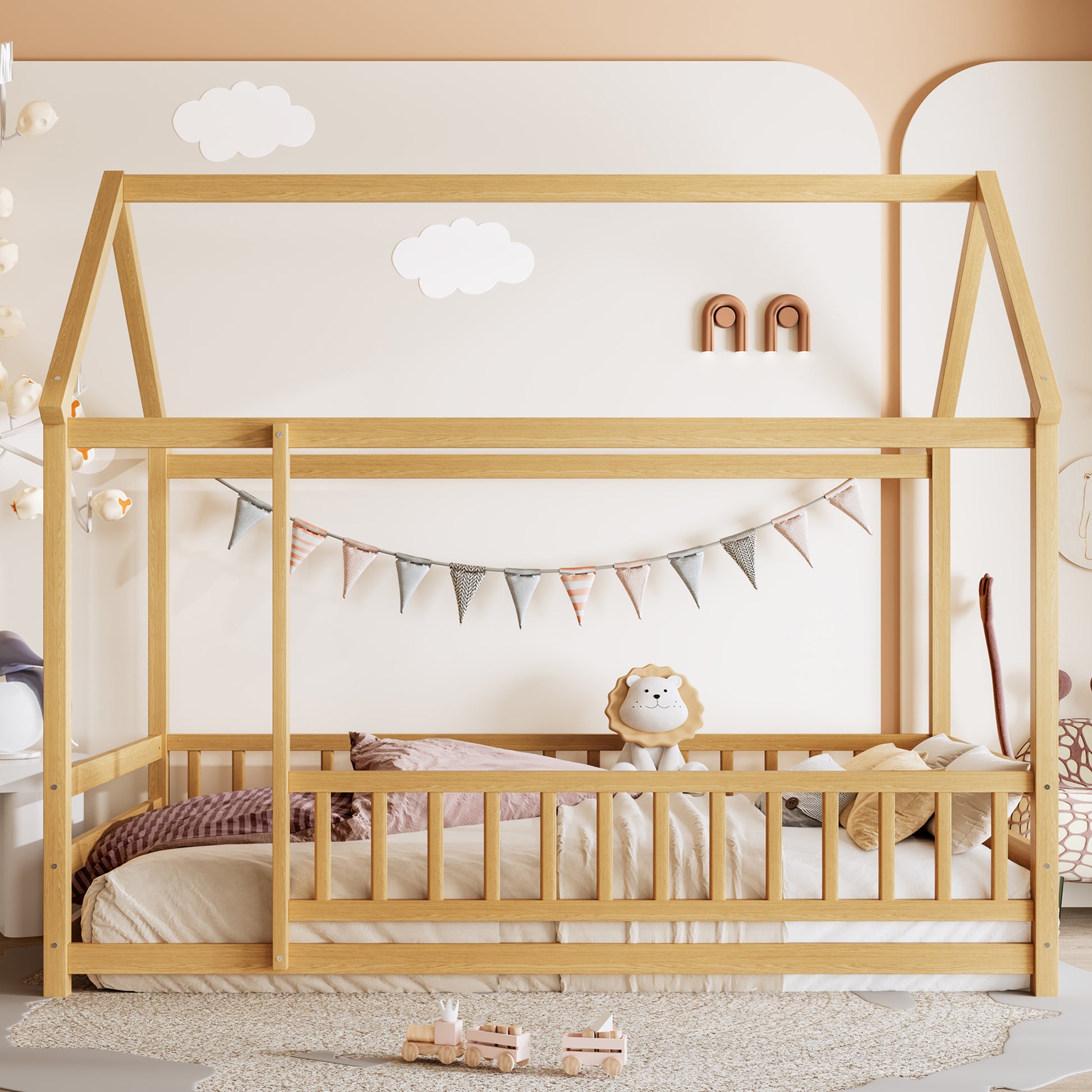 Twin Size Floor Wooden Bed with House Roof Frame, Fence Guardrails,Natural