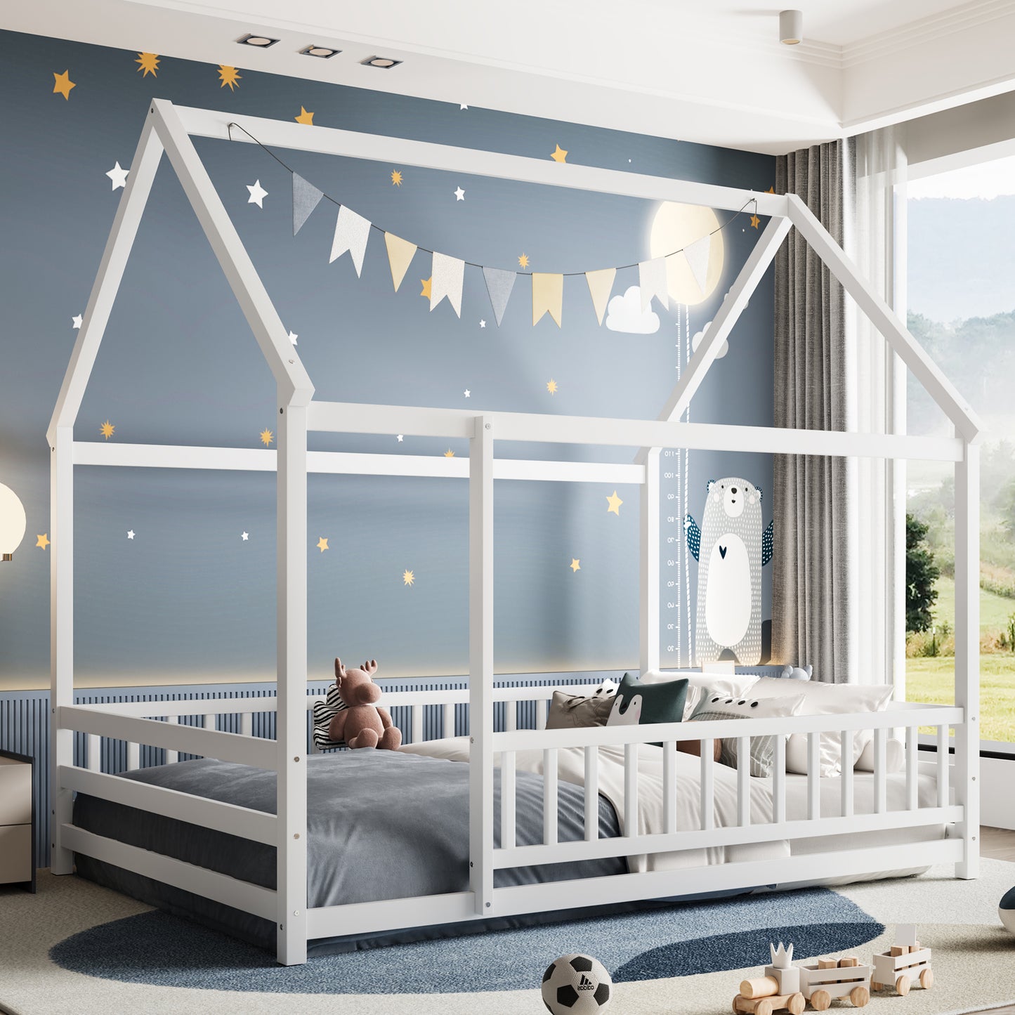Full Size Wooden Bed Frame White with Roof House Design