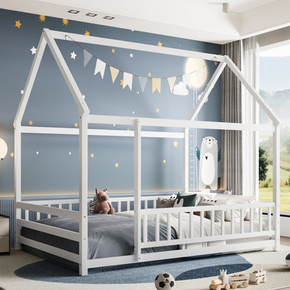 Full Size Wooden Bed Frame White with Roof House Design