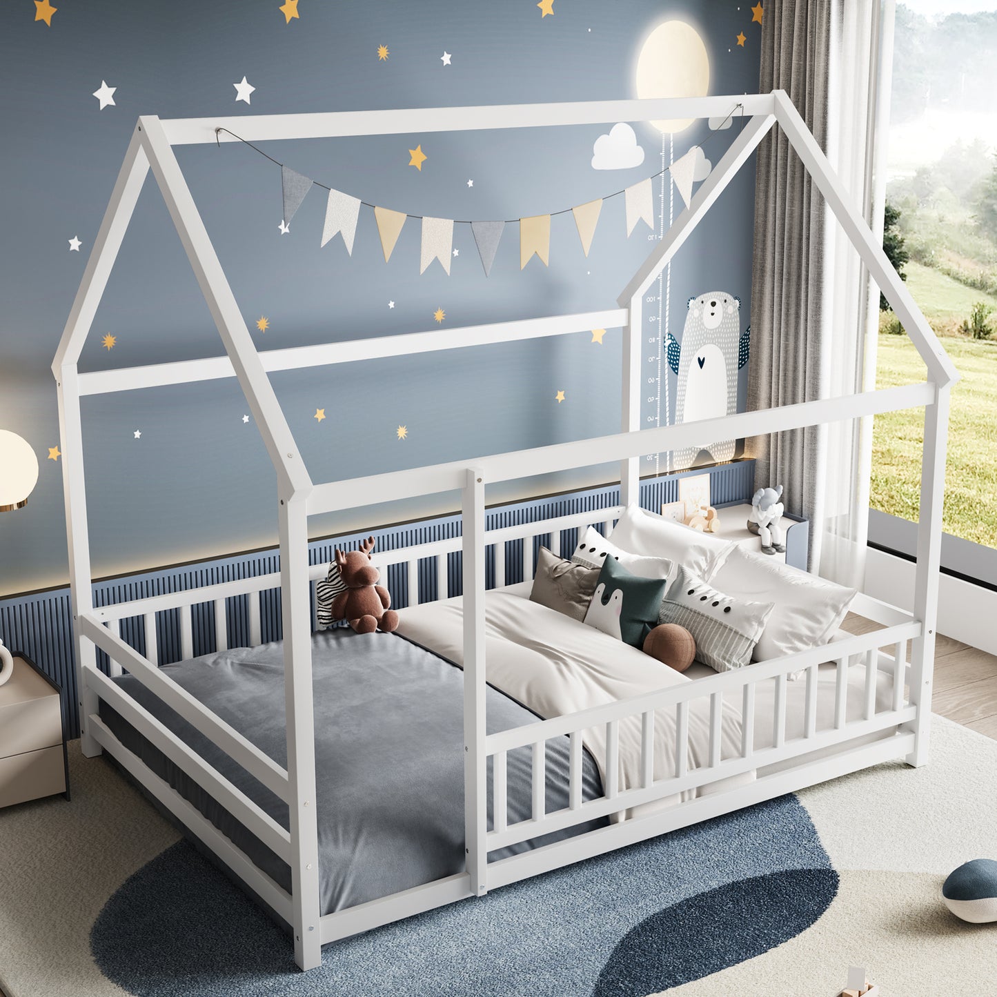 Full Size Wooden Bed Frame White with Roof House Design