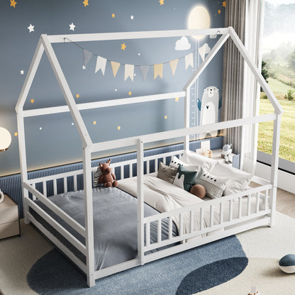 Full Size Wooden Bed Frame White with Roof House Design