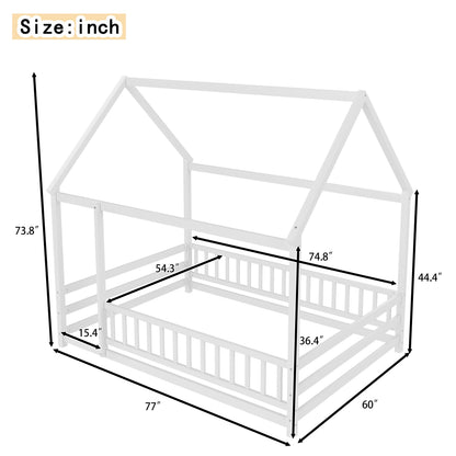 Full Size Wooden Bed Frame White with Roof House Design