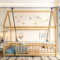 Full Size Floor Wooden Bed with House Roof Frame, Fence Guardrails,Natural