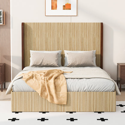Queen Size serrated wooden platform bed frame, wing-shaped color-matched headboard, no spring bed board required, easy to assemble, with natural wooden surface, suitable as a bedroom bed.