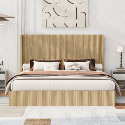 King Size Mid-Century Fluted Wood Bed Frame, Tall Wingback Headboard, Low Profile Platform Bed, No Box Spring Needed, Easy Assembly for Bedroom & Guest Room