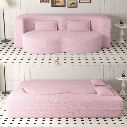 Modern Floor Sofa with 2 Pillows,Convertible Teddy Fabric Foam-Filled Sleeper Sofa Bed,15" Full Size Folding Mattress for Living Room,Guest Bed,Playroom,no assembly required,Pink(Old Sku:W1885P230384)