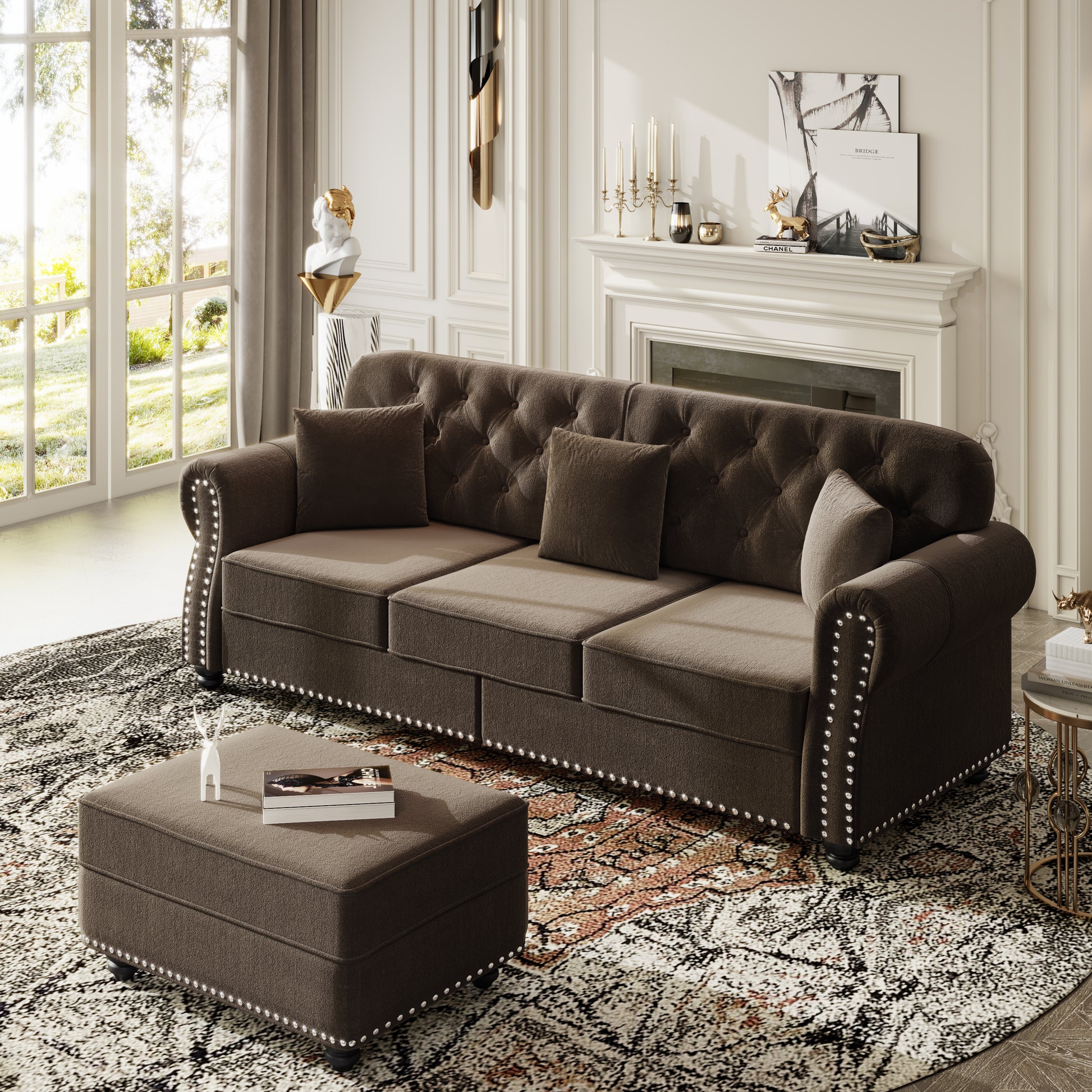 82.6"Upholstered Velvet Sofa with Nailhead Trim and Rolled Armrests,Mid-Century Modern Chesterfield Sofa with Button Tufted,Includes 3 Pillows,Brown