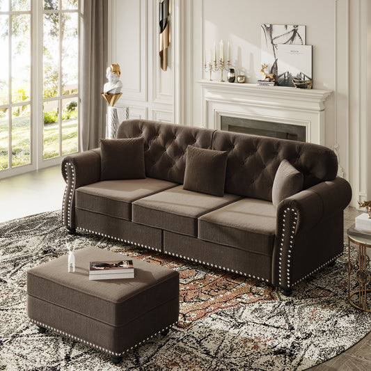 82.6"Upholstered Velvet Sofa with Nailhead Trim and Rolled Armrests,Mid-Century Modern Chesterfield Sofa with Button Tufted,Includes 3 Pillows,Brown