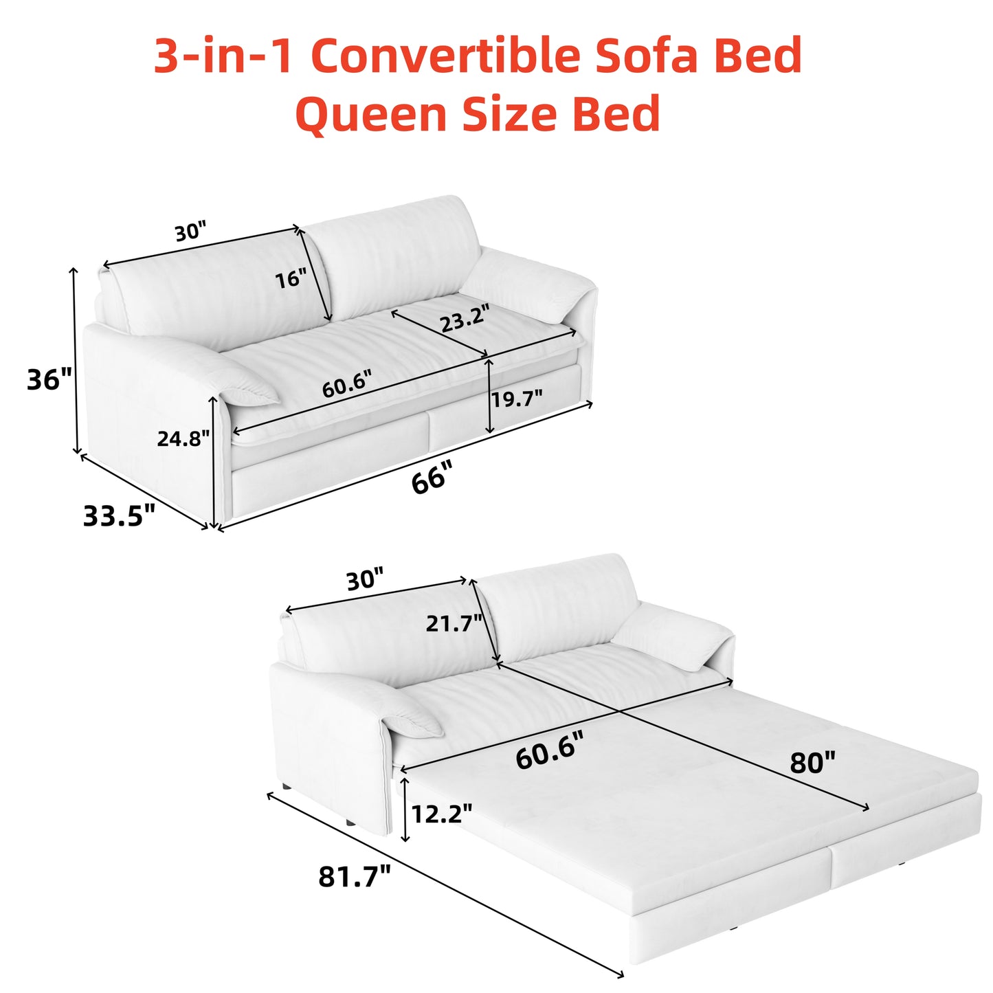66" Queen Sleeper Sofa Bed - Convertible Sofa with Storage for Living Room