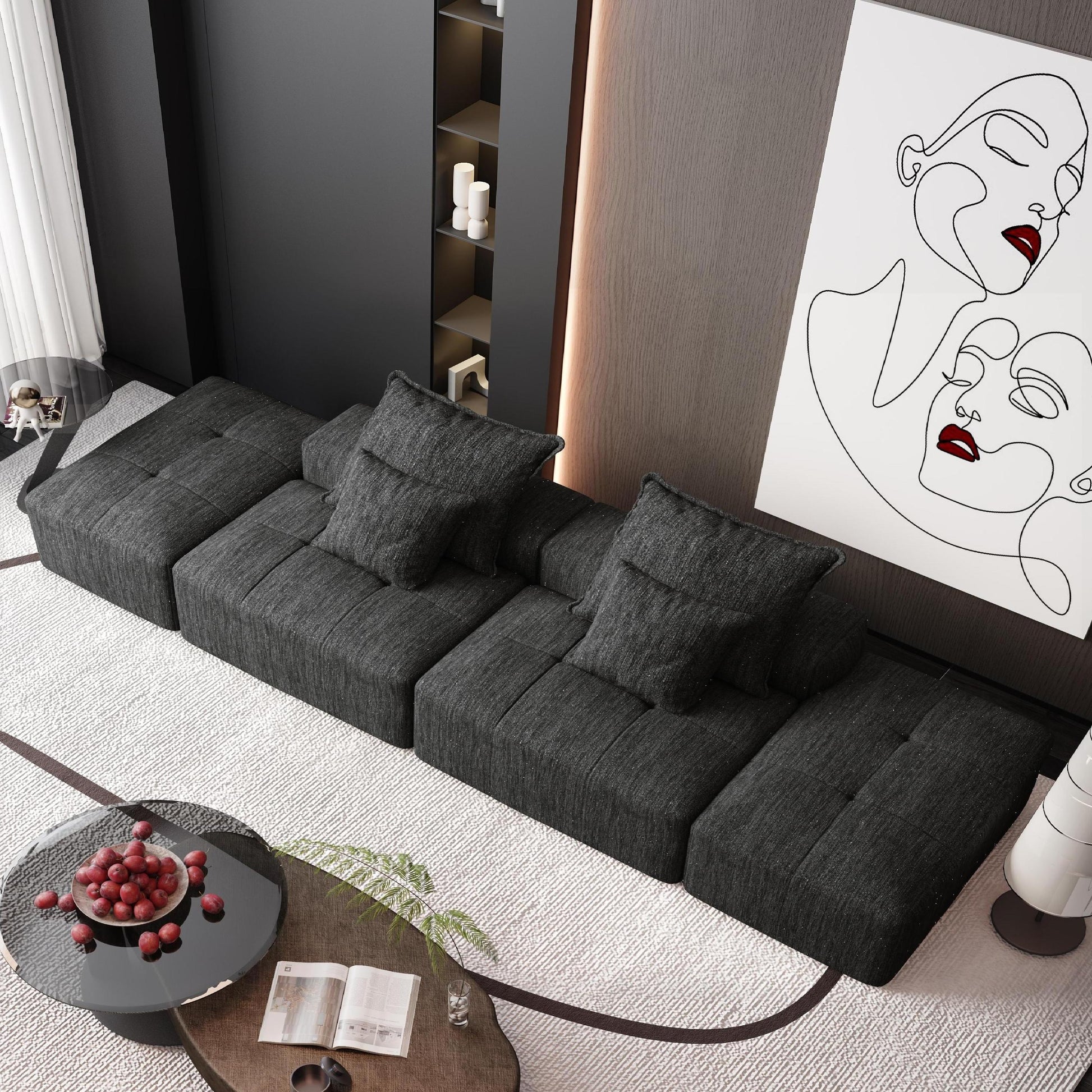 Modern Modular Sectional Sofa - 4 Seat, Black Chenille Comfort