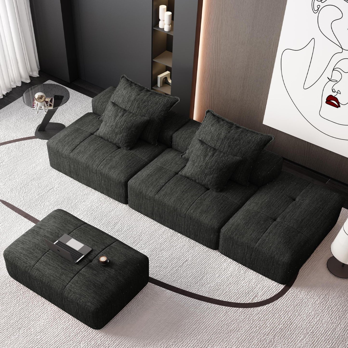 Modern Modular Sectional Sofa - 4 Seat, Black Chenille Comfort