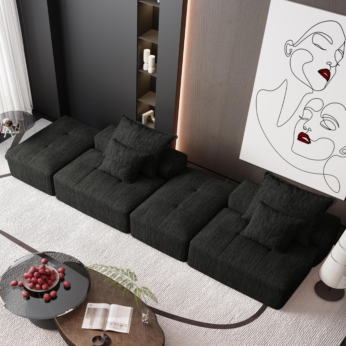Modern Modular Sectional Sofa - 4 Seat, Black Chenille Comfort