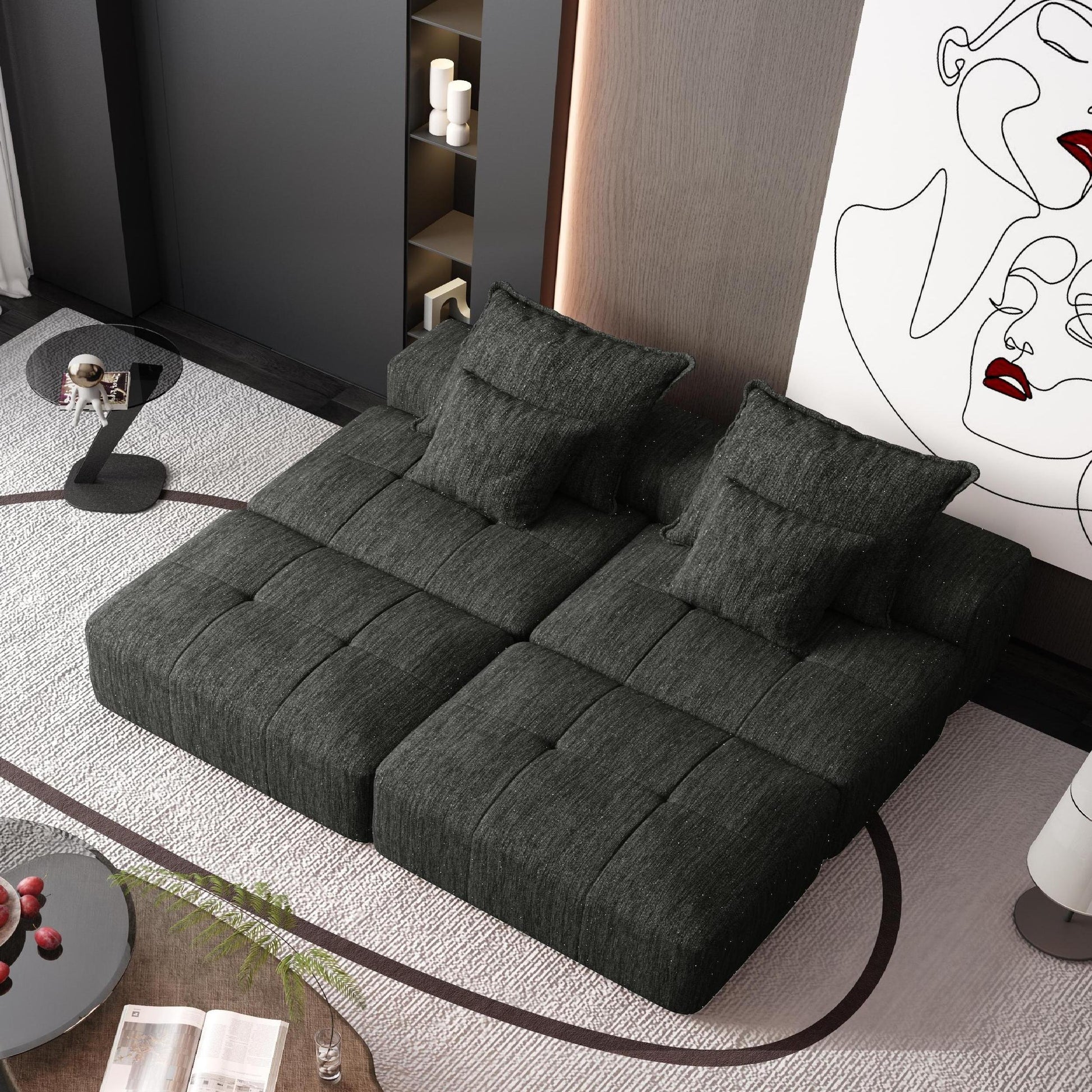 Modern Modular Sectional Sofa - 4 Seat, Black Chenille Comfort