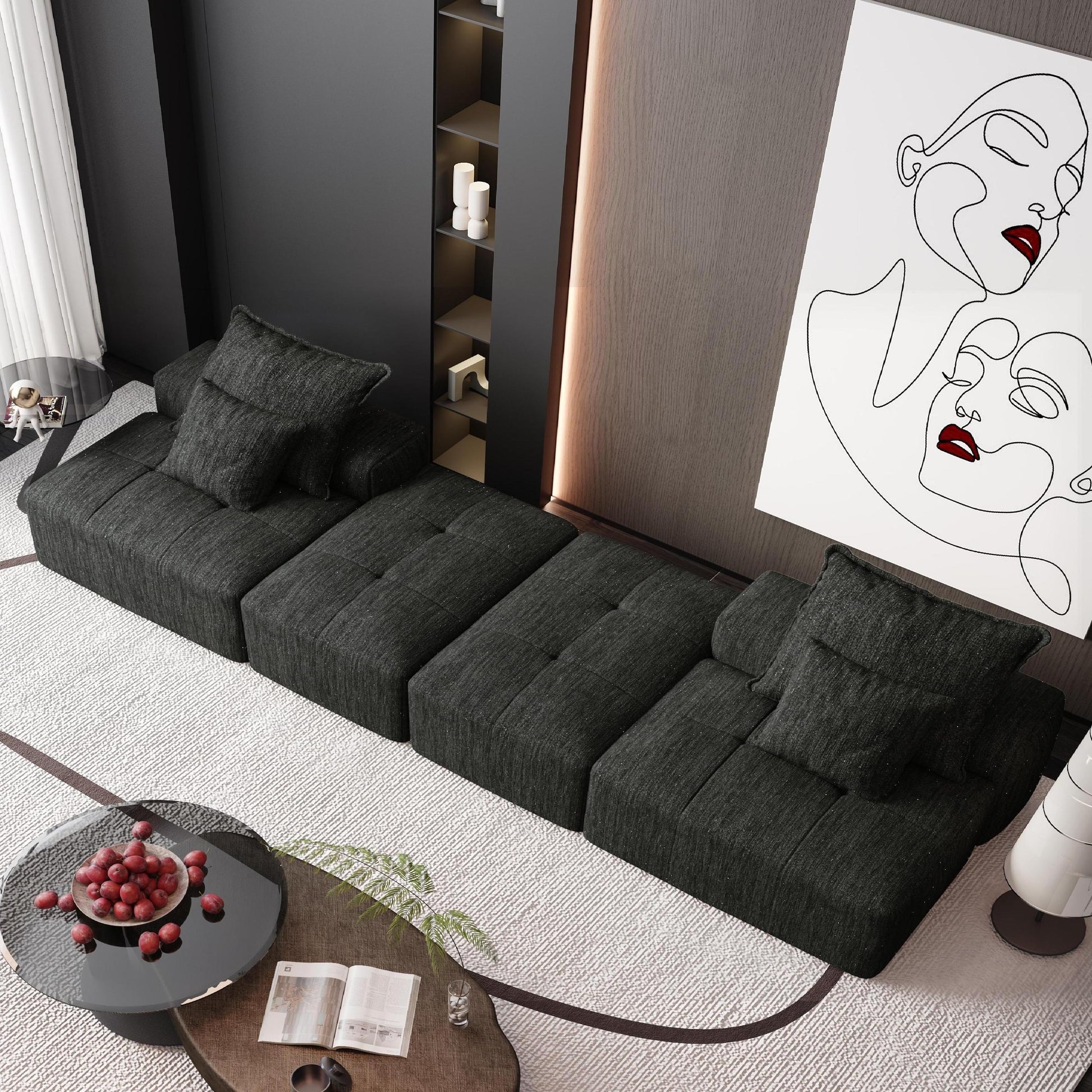 Modern Modular Sectional Sofa - 4 Seat, Black Chenille Comfort