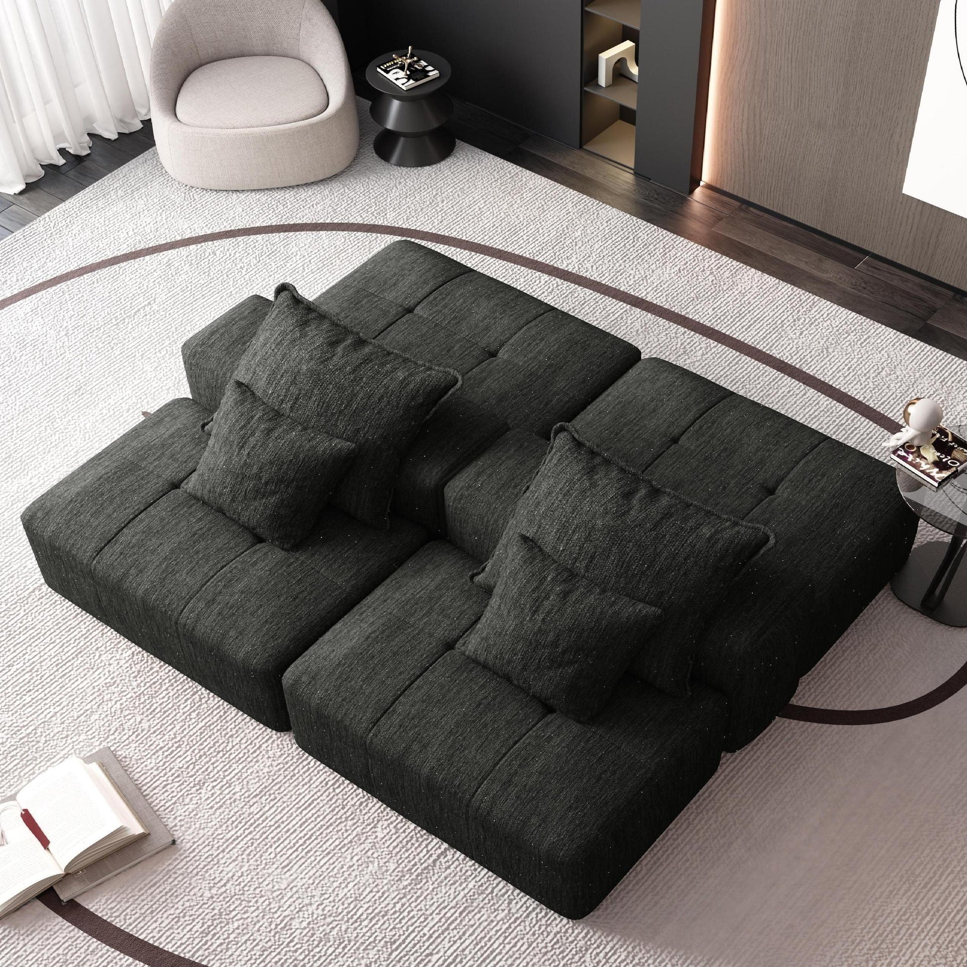 Modern Modular Sectional Sofa - 4 Seat, Black Chenille Comfort