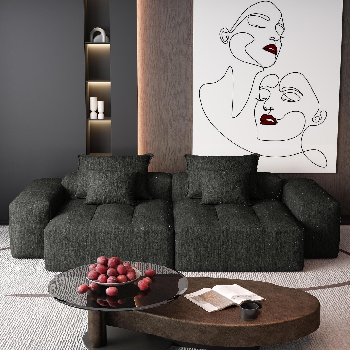Modern Black Chenille Sectional Sofa - 2 Seat, No Assembly