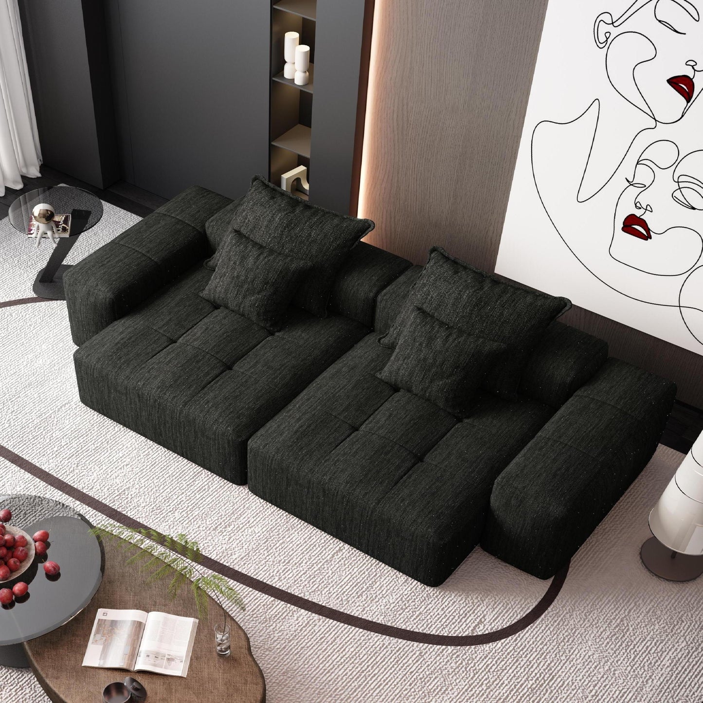 Modern Black Chenille Sectional Sofa - 2 Seat, No Assembly