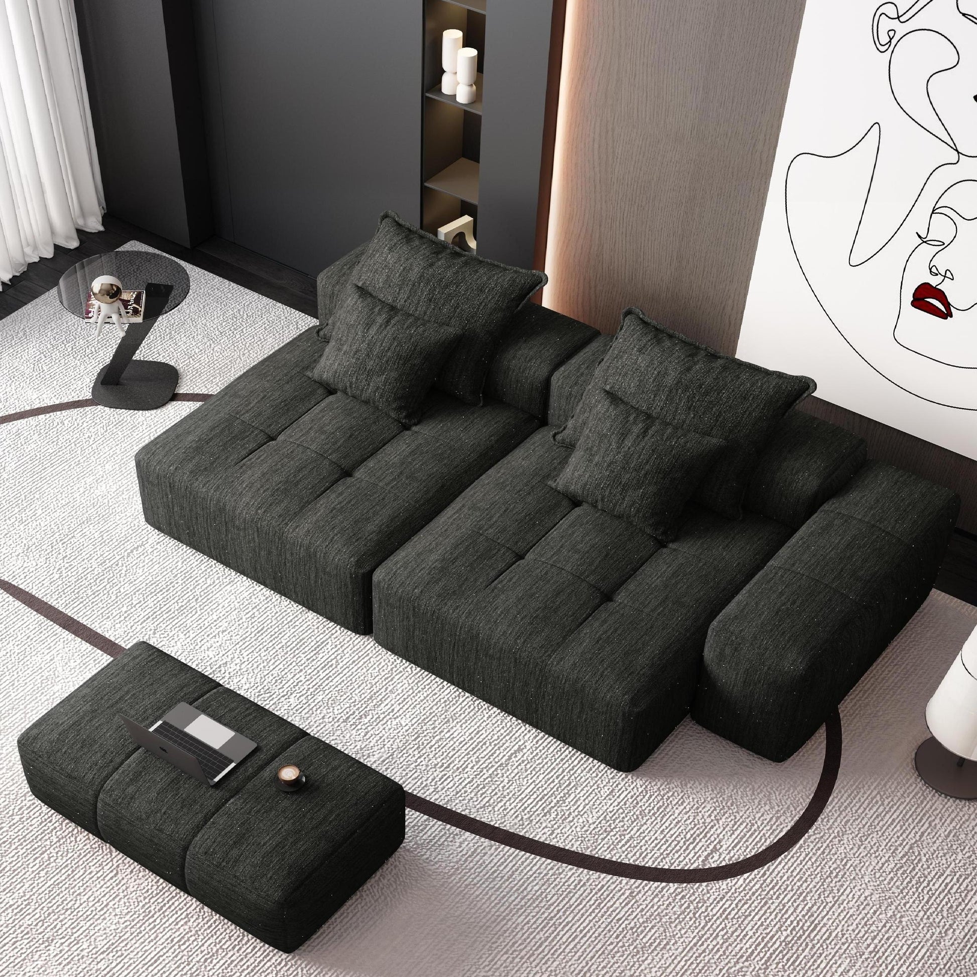 Modern Black Chenille Sectional Sofa - 2 Seat, No Assembly