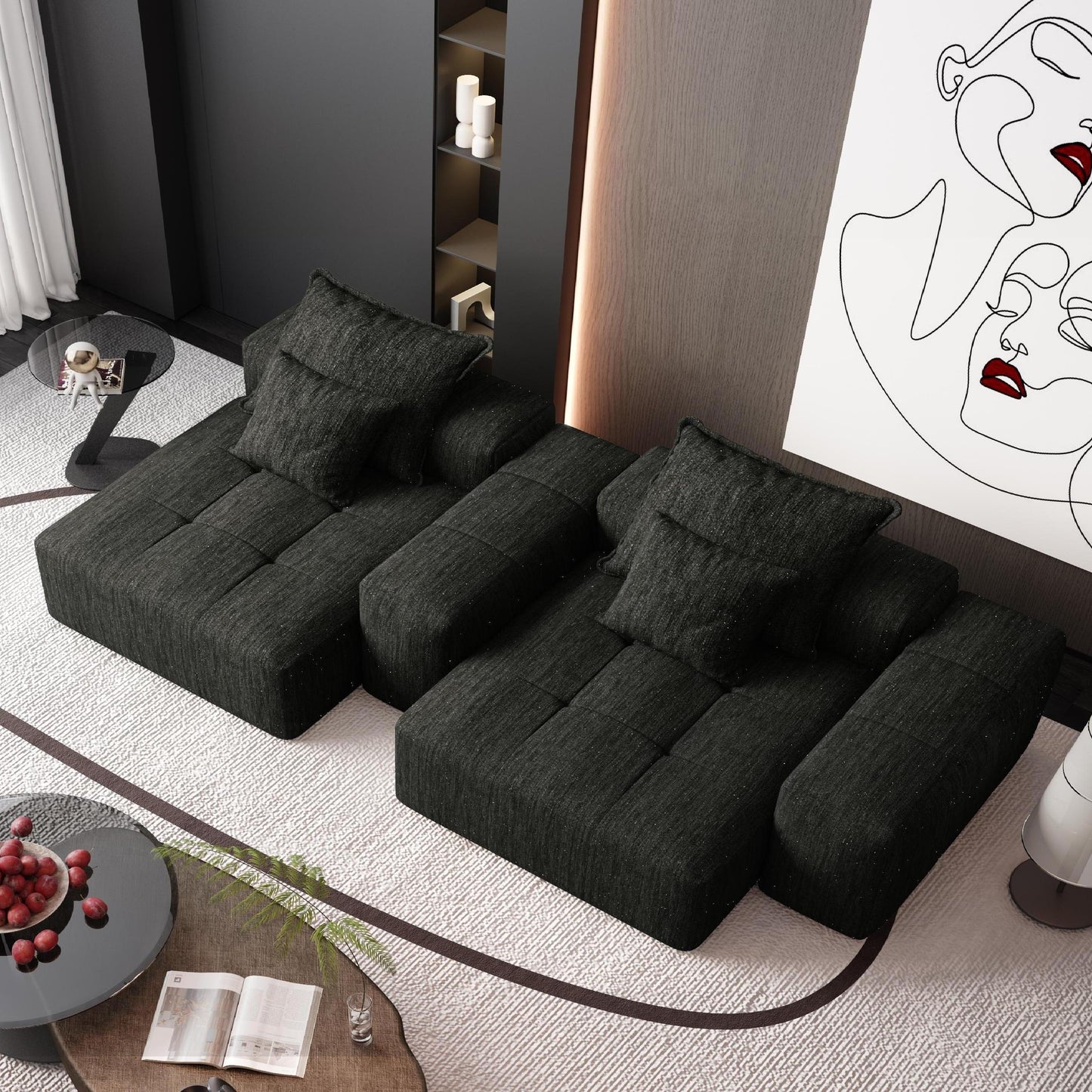 Modern Black Chenille Sectional Sofa - 2 Seat, No Assembly
