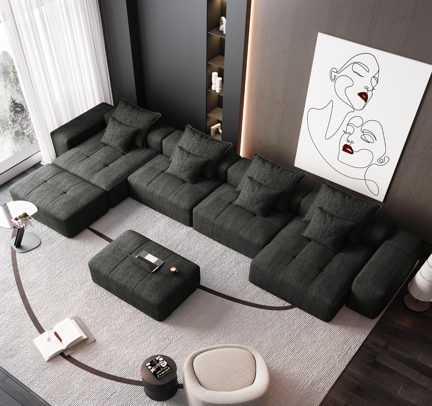 Modern Oversized Modular Sofa - 6 Seat Black Foam Spring