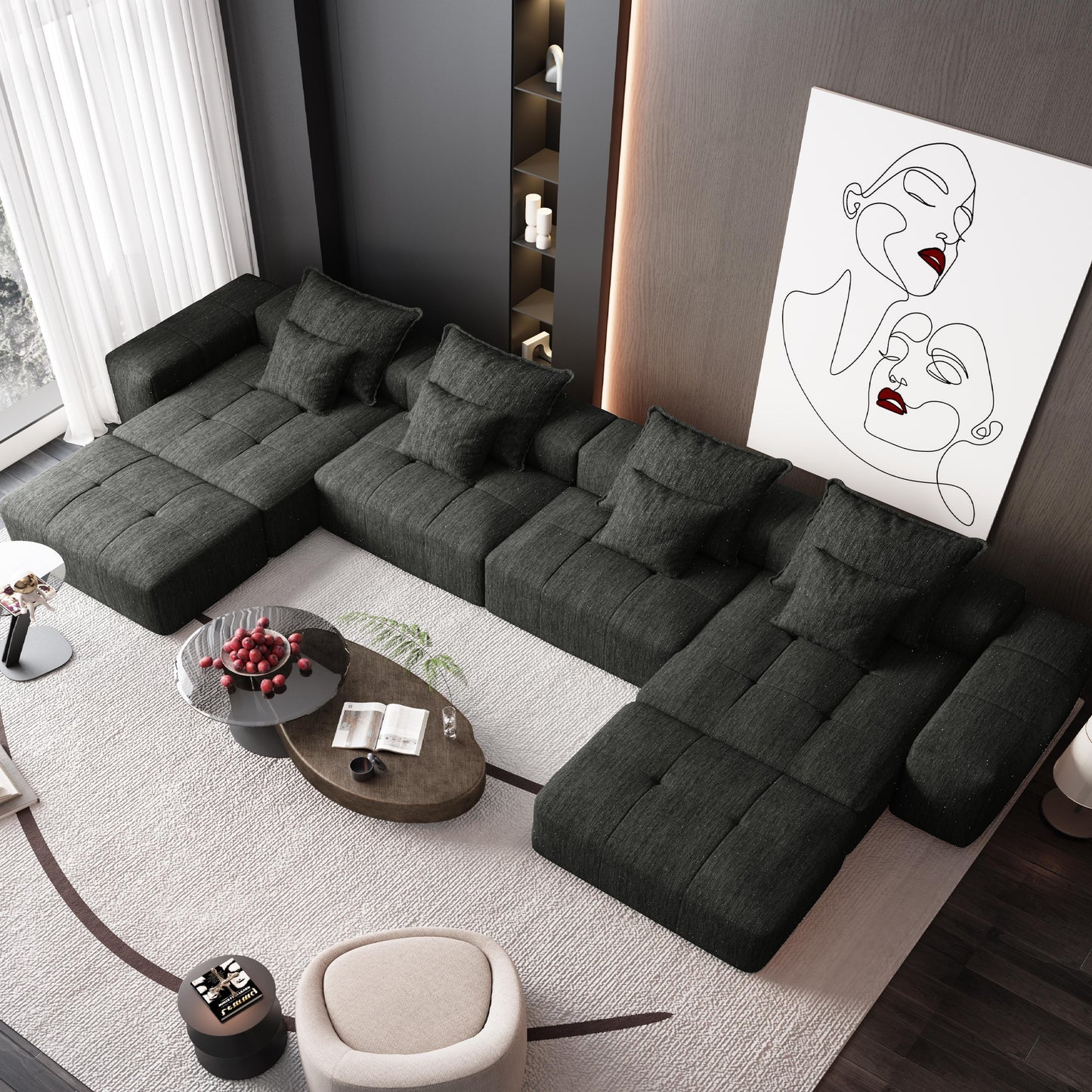 Modern Oversized Modular Sofa - 6 Seat Black Foam Spring