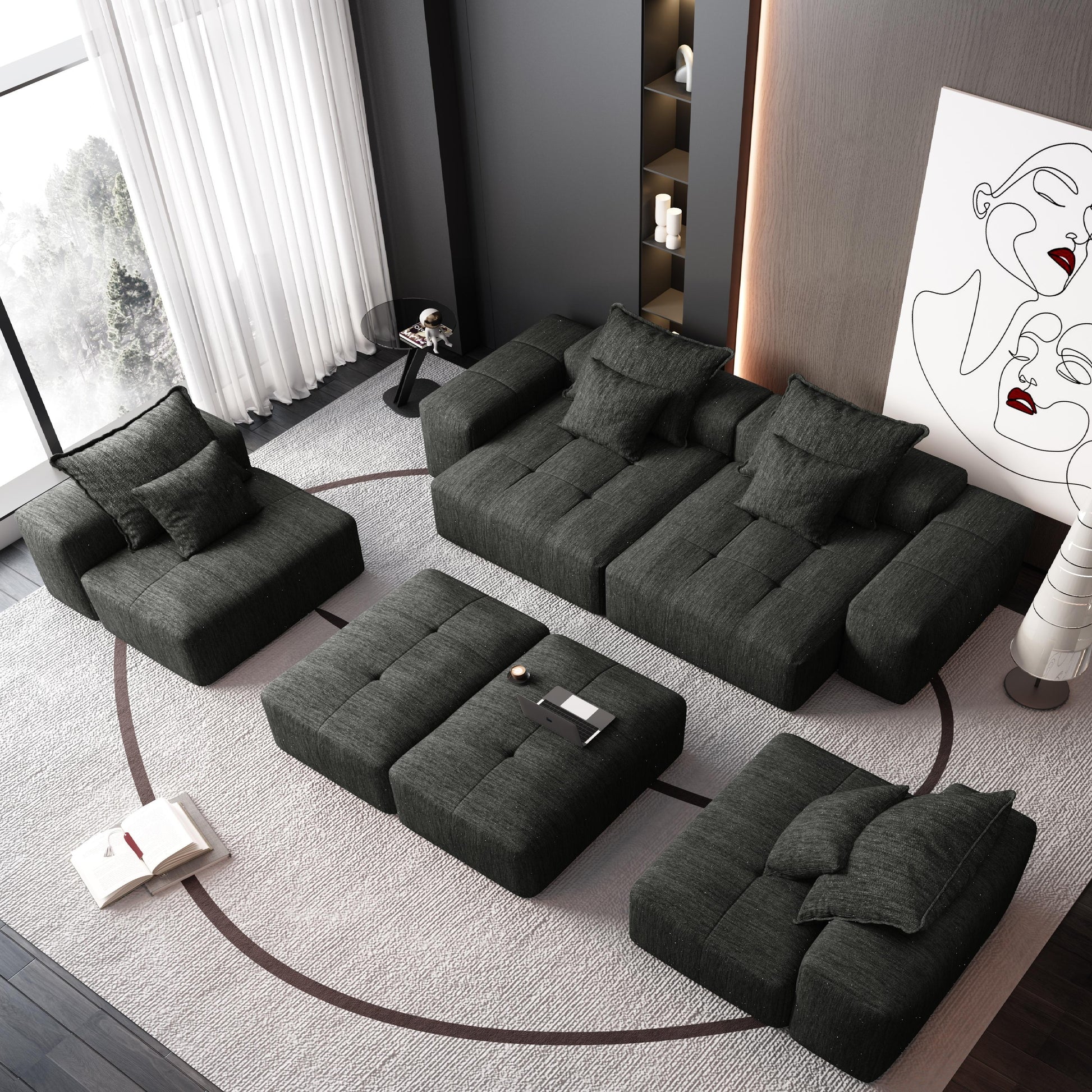 Modern Oversized Modular Sofa - 6 Seat Black Foam Spring