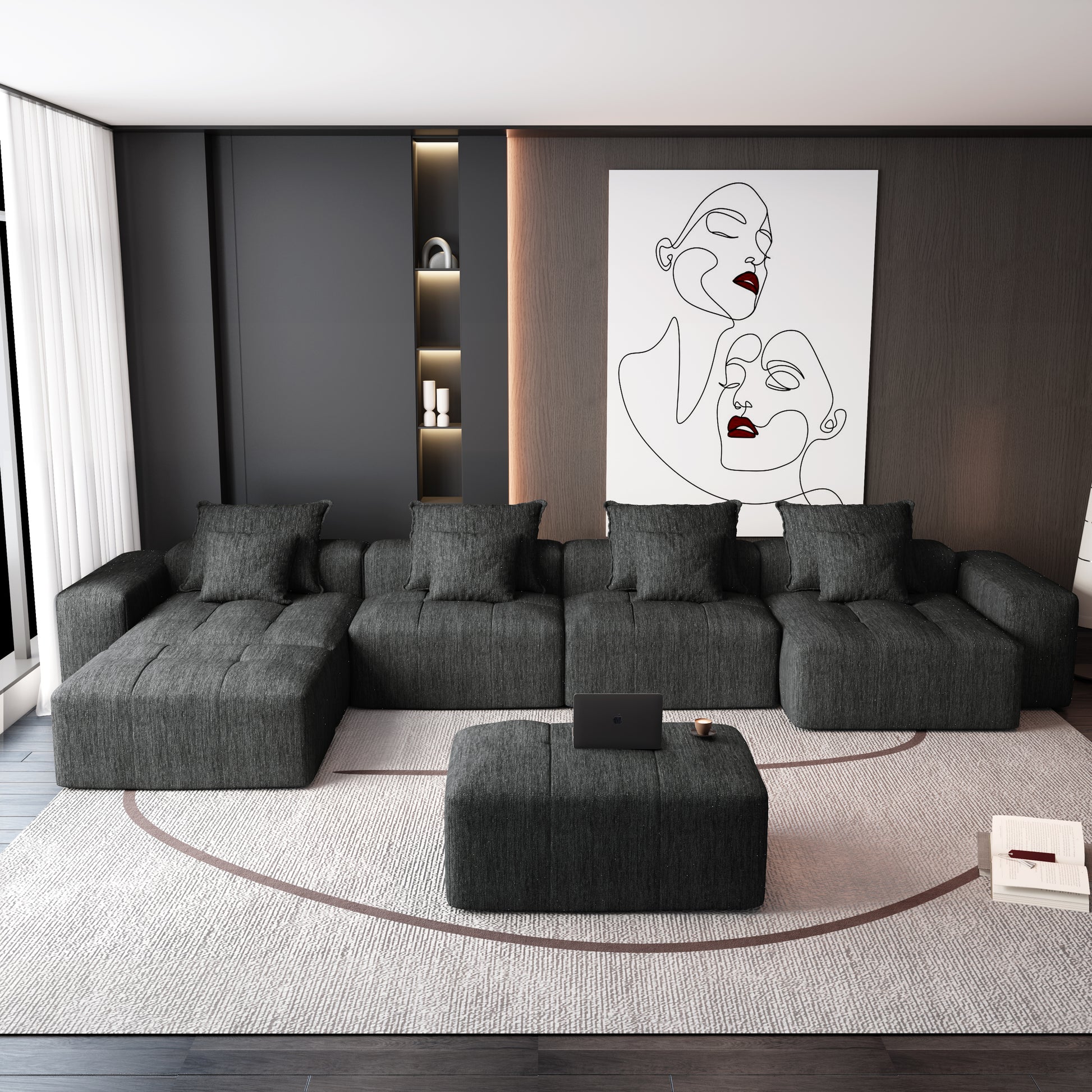 Modern Oversized Modular Sofa - 6 Seat Black Foam Spring