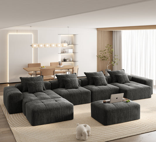 Modern Oversized Modular Sectional Sofa,Sparkling Chenille Fabric Soft Cushion Sofa with 8 Pillows,8 PCS DIY Combination Tufted Sofa,No Assembly Required,BLACK