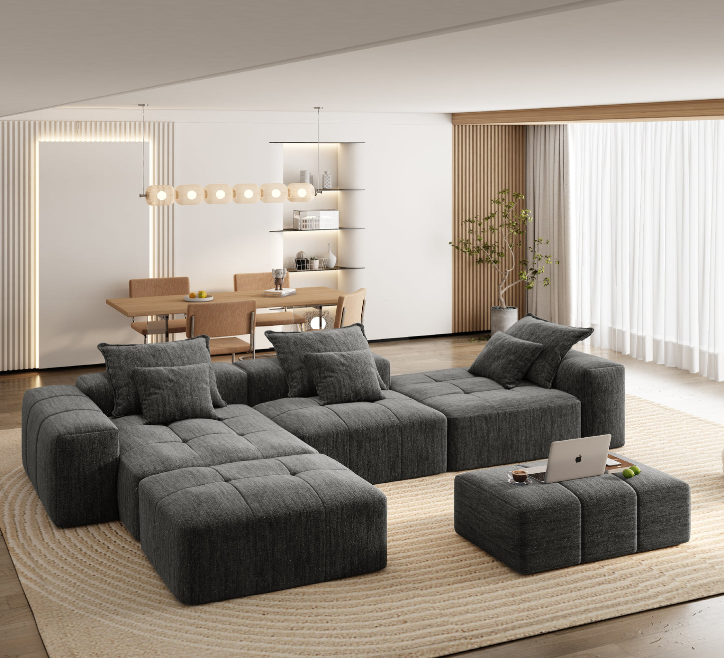 Modern Oversized Modular Sectional Sofa,Sparkling Chenille Fabric Soft Cushion Sofa with 6 Pillows,6 PCS DIY Combination Tufted Sofa,No Assembly Required,BLACK