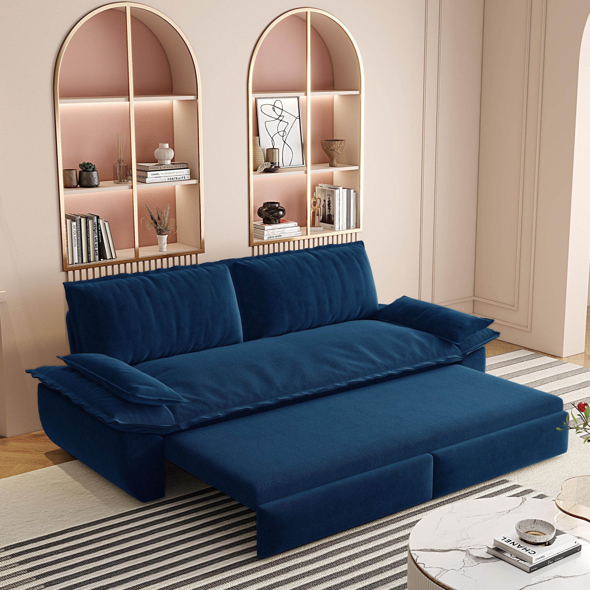 3 Seat Blue Velvet Sofa Bed - Queen Size Sleeper for Living Room