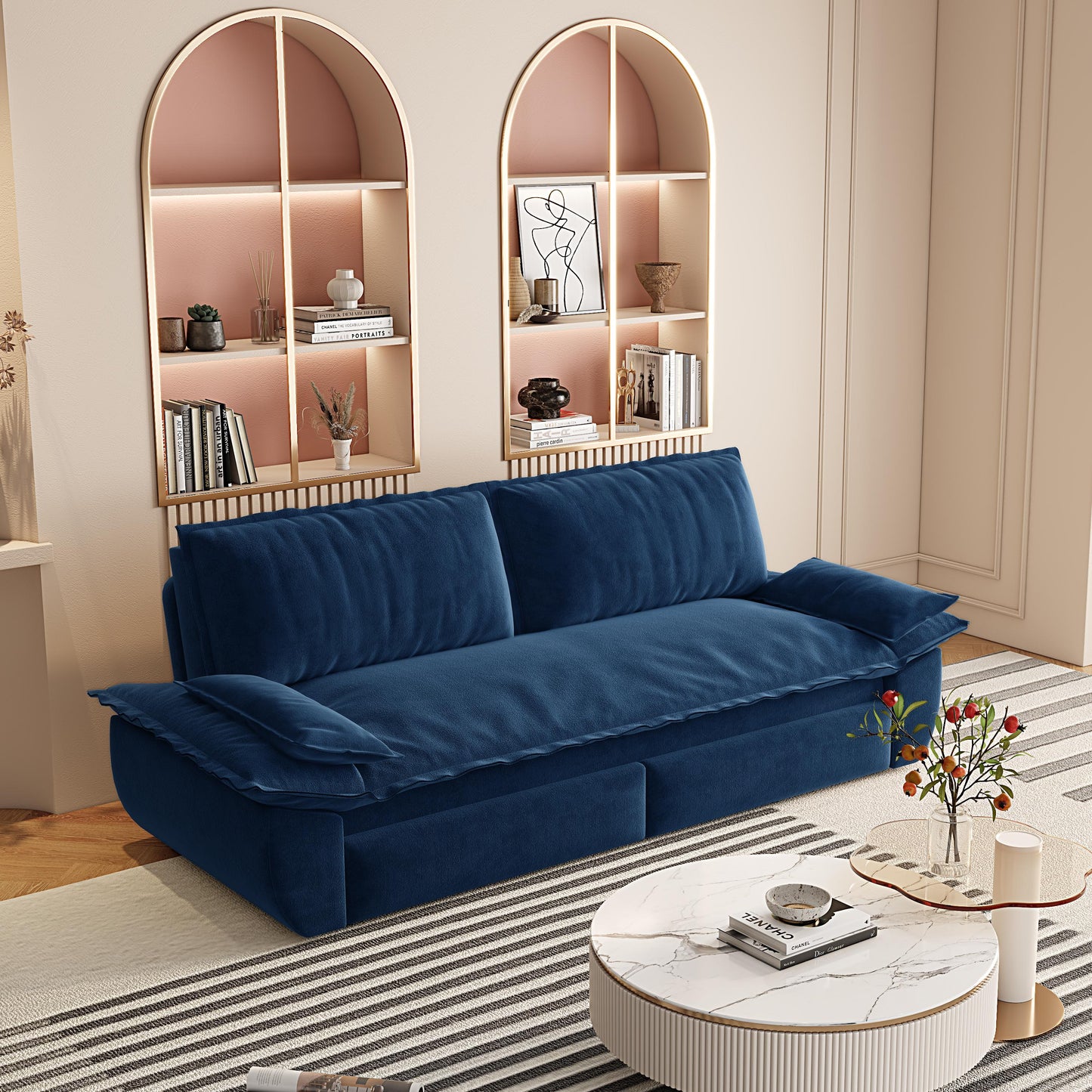 3 Seat Blue Velvet Sofa Bed - Queen Size Sleeper for Living Room