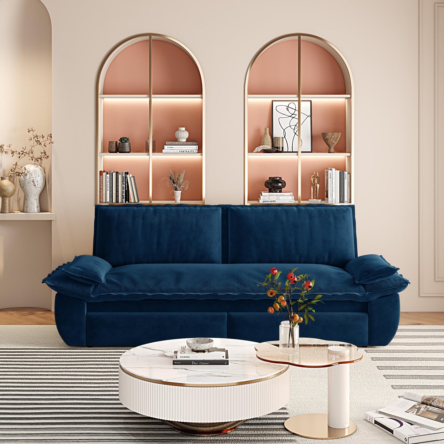 3 Seat Blue Velvet Sofa Bed - Queen Size Sleeper for Living Room