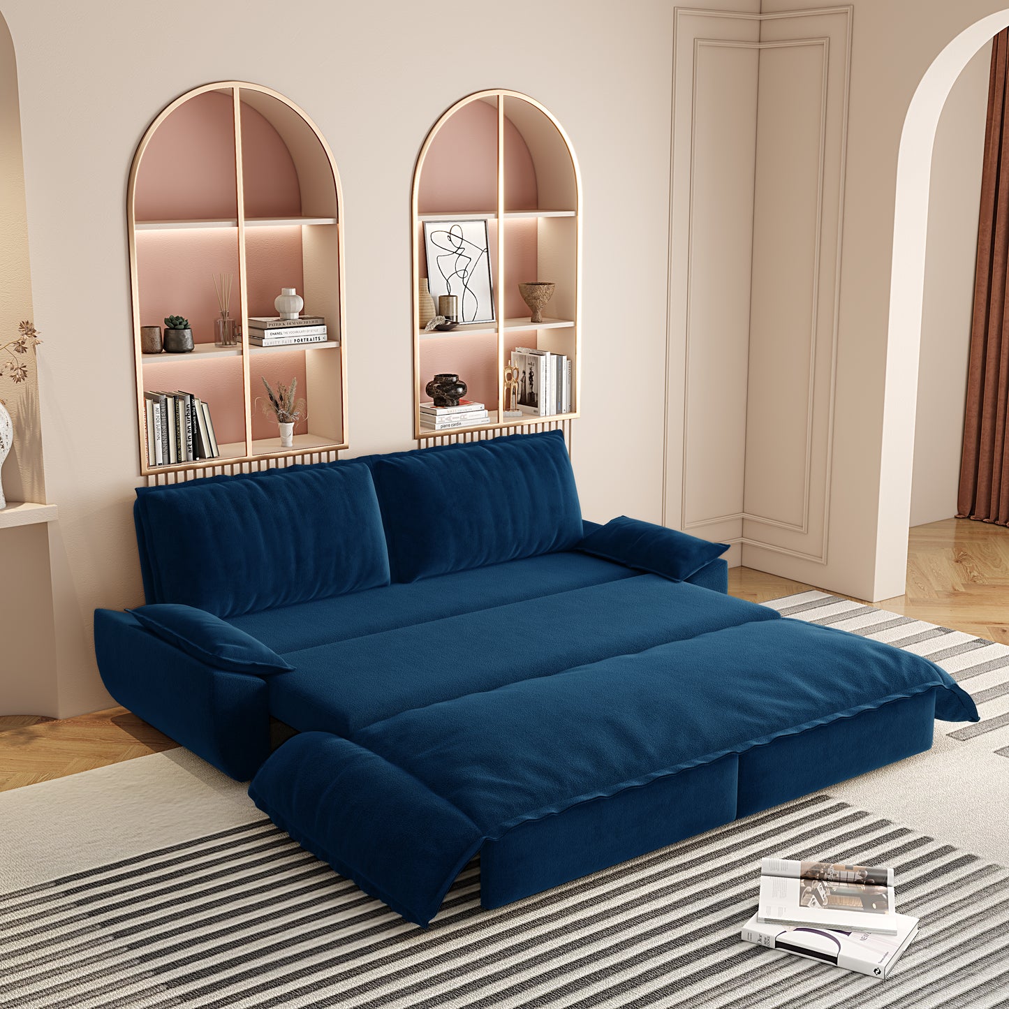 73.2"Queen Pull Out Sofa Bed,3-in-1 Convertible Sleeper Sofa,Multi-Functional Velvet Loveseat Bed,Blue (Old sku:W1885S00124/W1885S00199/W1885S00232)