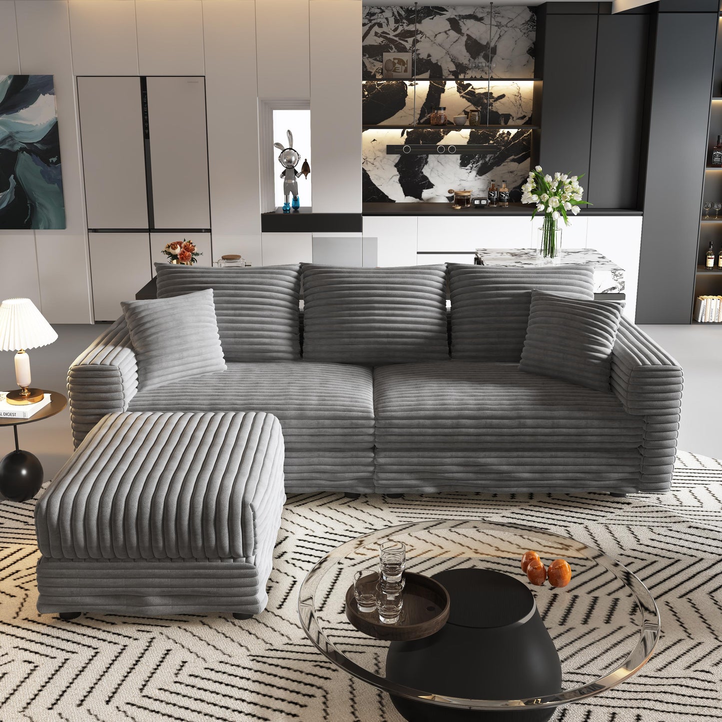 82.7 "Plush Corduroy 3-Seat Sofa,Modern Comfy Upholstered Sofa Cloud Couch,Deep Seat Couches with Soft Pillows and 1 Ottomans,Convertible Sofa Lounge Chair,Grey (Old SKU:W1885S00147)
