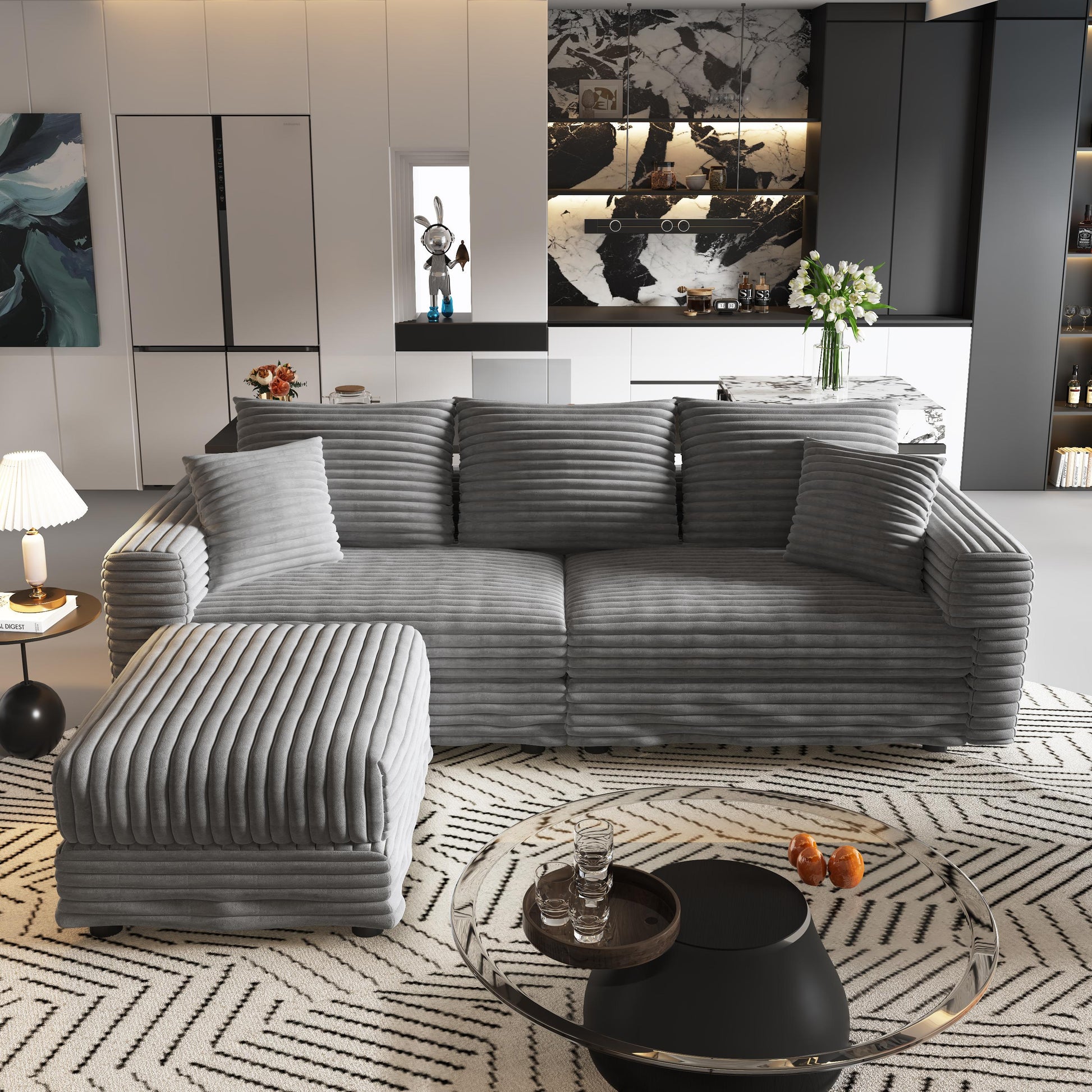 82.7 "Plush Corduroy 3-Seat Sofa,Modern Comfy Upholstered Sofa Cloud Couch,Deep Seat Couches with Soft Pillows and 1 Ottomans,Convertible Sofa Lounge Chair,Grey (Old SKU:W1885S00147)