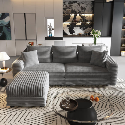 82.7 "Plush Corduroy 3-Seat Sofa,Modern Comfy Upholstered Sofa Cloud Couch,Deep Seat Couches with Soft Pillows and 1 Ottomans,Convertible Sofa Lounge Chair,Grey (Old SKU:W1885S00147)