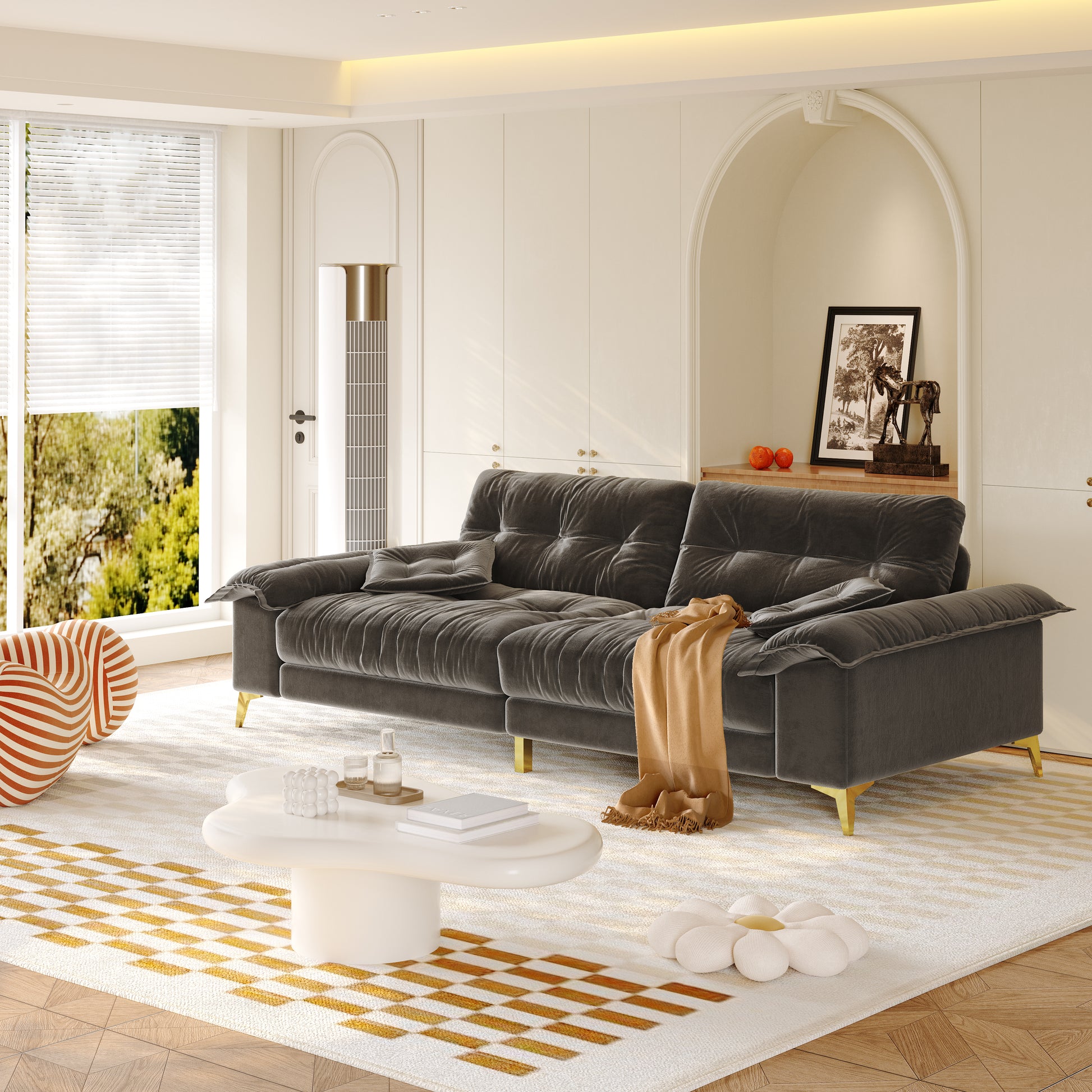 104.7 " Modern 4-Seat Cloud Sofa with Wide Removable Armrests, Tufted Sofa with Metal Legs,Comfy Chenille Upholstered Couch with 2 Pillows for Living Room,Bedroom,Apartment, Office,Studio,Dark Gery
