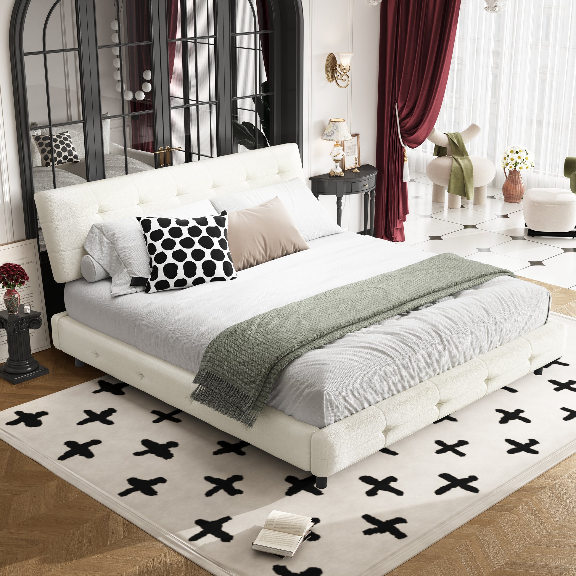 King Size Bed Frame,Tufted Headboard with Extra-Large Ultra-Soft Cloud Pillow Design,Chenille Platform Bed with Metal and Wooden Slats Double Support,Solid and Stable,Noise-Free,Beige/White