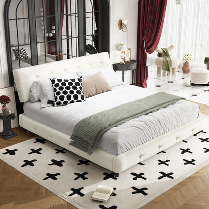 King Size Bed Frame,Tufted Headboard with Extra-Large Ultra-Soft Cloud Pillow Design,Chenille Platform Bed with Metal and Wooden Slats Double Support,Solid and Stable,Noise-Free,Beige/White